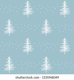 Christmas firs seamless pattern. New year hand drawing graphic fir background, noel watercolor vector print, winter holiday decoration, white on blue christmas trees background