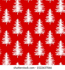 Christmas firs seamless pattern. Noel watercolor print, New year  winter holiday decoration, red christmas trees background, wallpaper or wrapping paper design