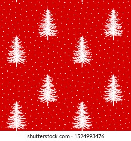 Christmas firs seamless pattern. Noel watercolor print, New year  winter holiday decoration, red christmas trees background, wallpaper, wrapping paper design