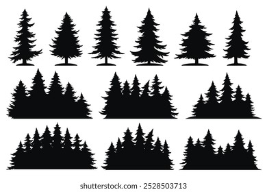 Christmas firs set emblems monochrome with silhouettes of fir trees growing in coniferous forest for winter clothing design vector illustration