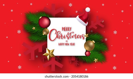 Christmas fir-tree branches background. red hand drawn quote calligraphy on white paper.golden christmas ball.Horizontal christmas posters, cards, headers, website. Vector illustration	
