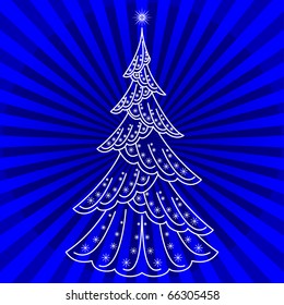 Christmas fir-tree, pictogram, holiday symbol on blue abstract background