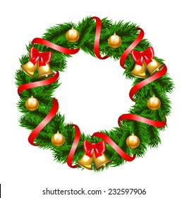 Christmas fir-tree wreath with bow and baubles