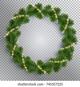 Christmas fir-tree wreath and holly glowing lights. Golden shining sparks. Transparent background. Realistic illustration. Vector EPS10.