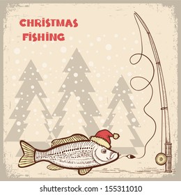 Christmas fishing card with fish in red Santa hat.Vector drawing illustration for text