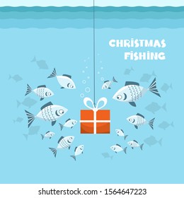 Christmas fishing card. Flock of fish and present gift in sea blue water background. Vector Winter holiday illustration with Christmas  text.