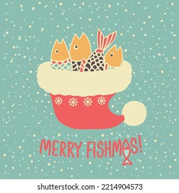 Christmas fishing. Fishes in Santa red hat. Vector winter fishing illustration with holiday text on vintage card. Merry fishmas christmas vintage blue snow card background.