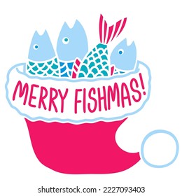 Christmas fishing. Fishes in Santa red hat. Vector winter fishing illustration with holiday text isolated on white. Merry fishmas christmas symbol.