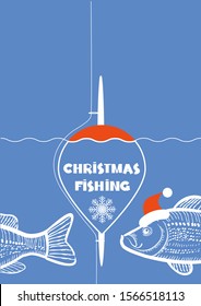 Christmas fishing poster. Vector winter card with fishing tackle and fishes in blue background and text