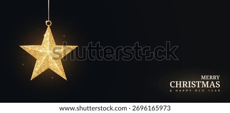 Christmas five pointed star with gold glitter isolated on a black background. Glowing realistic 3D star. Golden luxury Christmas background. Vector illustration