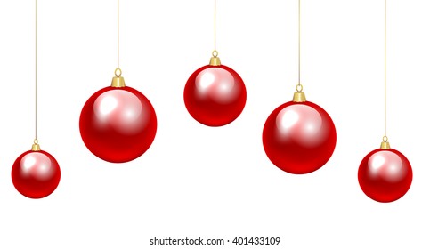 Christmas five red baubles isolated on white. Clip art