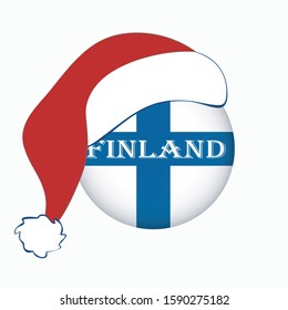 Christmas flag of Finland in circle shape, Helsinki. Isolated  Finnish banner with Santa Claus hat Flat style. Square. Scandinavian northern country. 