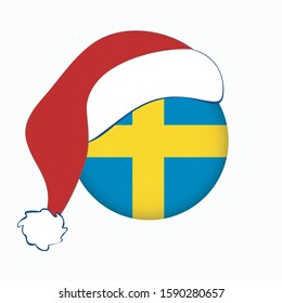 Christmas flag of Sweden in circle shape. Isolated Swedish banner with Santa Claus hat. Flat style, vector illustration. Scandinavian country. Square orientation.