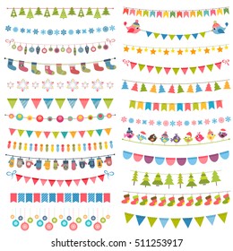 Christmas flags, bunting and garlands isolated on white