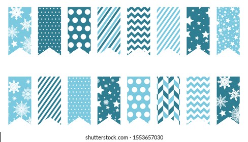 Christmas flags tags, blue scrapbook elements cliparts, winter patterns with snowflakes, stars, chevrons, dots, polka dots, circles, stripes, perfect for poster, brochure design, card templates