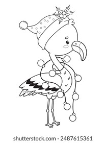 Christmas flamingo character in Santa hat with festive garland. Outline holiday cartoon kawaii bird. Line drawing, coloring book. Vector illustration. Kids Xmas collection