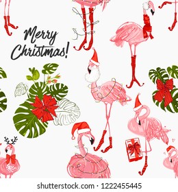 Christmas flamingo seamless pattern for celebration party in tropics. Hand drawn nature illustration. White backdrop. 