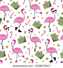 Christmas flamingo seamless pattern. Funny flamingos in Santa's hat. Gift box and candy cane. Good for textile print, wrapping and wall paper, covering.