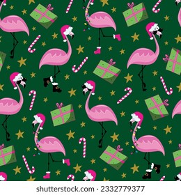 Christmas flamingo seamless pattern. Funny flamingos in Santa's hat. Gift box and candy cane. Good for textile print, wrapping and wall paper, covering.