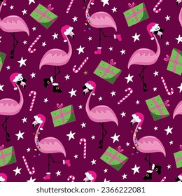 Christmas flamingo seamless pattern. Funny flamingos in Santa's hat. Gift box and candy cane. Good for textile print, wrapping and wall paper, covering.