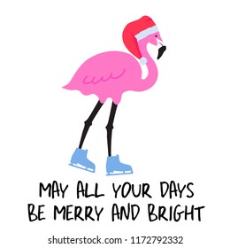 Christmas flamingo with skates and Santa's hat 