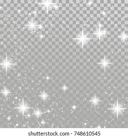 Christmas flash concept silver white light shimmering effect. Star Magical Glow background transparent Decoration over checkered layout. Vector illustration
