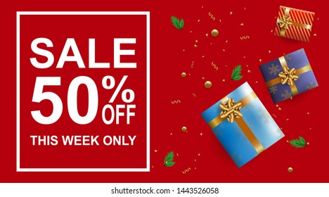Christmas flash sale tag banner discount concept. gift box, tree and ribbon falling on red background. Vector illustration design. 