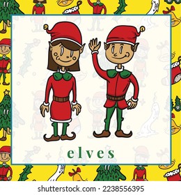 Christmas Flashcard elves. Flashcard to introduce the Christmas elements to kids. Printable game card. Educational card for preschool. Vector illustration file. 