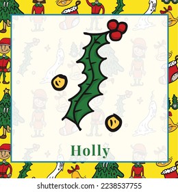 Weihnachts-Flashcard der Heilige. Flashcard, um den Kindern die Weihnachtselemente vorzustellen. Printable Spielkarte. Bildungskarte für die Vorschule. Vektorgrafik-Datei. 