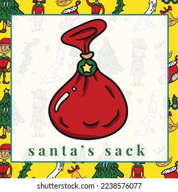 Christmas Flashcard the Santa Claus’ gift sack. Flashcard to introduce the Christmas elements to kids. Printable game card. Educational card for preschool. Vector illustration file. 