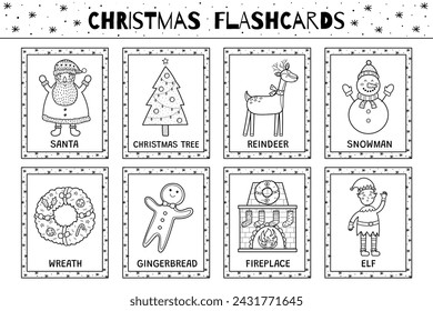 Colección de tarjetas de Navidad en blanco y negro para niños. Juego de tarjetas flash con lindos personajes de invierno en contorno para colorear. Aprender a leer actividad para niños. Ilustración de vector