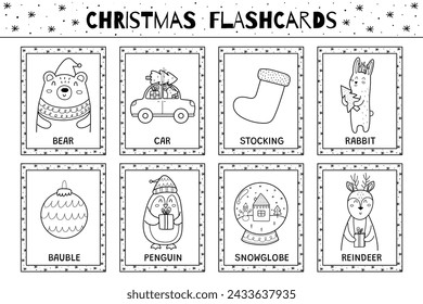 Colección de tarjetas de Navidad en blanco y negro para niños. Juego de tarjetas flash con lindos personajes de invierno en contorno para colorear. Aprender a leer actividad para niños. Ilustración de vector