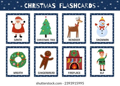 Christmas flashcards collection for kids. Flash cards set with cute winter characters for school and preschool. Learning to read activity for children. Vector illustration