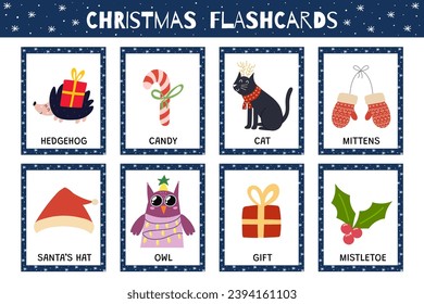 Christmas flashcards collection for kids. Flash cards set with cute winter characters for school and preschool. Learning to read activity for children. Vector illustration