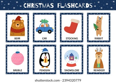 Christmas flashcards collection for kids. Flash cards set with cute winter characters for school and preschool. Learning to read activity for children. Vector illustration