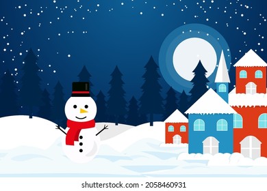 Christmas flat background design with snowman and home