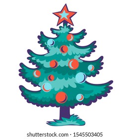 Christmas flat birch tree with red star and tree balls for new year vector
