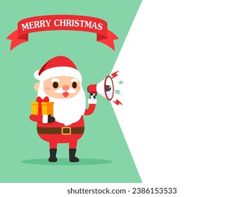 Christmas flat cartoon Cute Santa Claus hold megaphone speaker with empty space isolated white background. Vector illustration for banner, template, and poster.