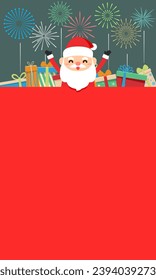 Christmas flat cartoon Santa Claus behind the red board with multiple gift boxes, firework, and empty copy space. Vector illustration for banner, template, greeting card, and show product.