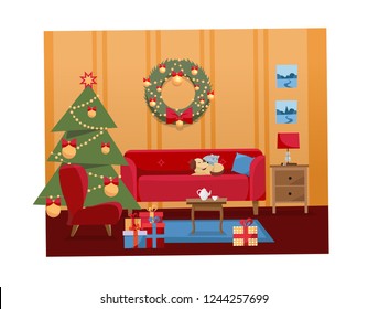 Christmas flat cartoon vector interior illustration of living room decorated for holidays. Cozy warm home interior with furniture, sofa, armchair, Christmas tree, gifts, gift boxes, balls, wreath