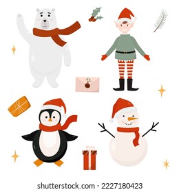 Christmas flat characters in cartoon style. Contains cute vector characters like penguin, polar bear, snowman and little elf. Design for postcards, post, wrapping paper, website