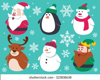 Christmas flat characters set. Contain cute vector cartoon characters like santa claus, penguin, polar bear, reindeer, snowman and a little elf.