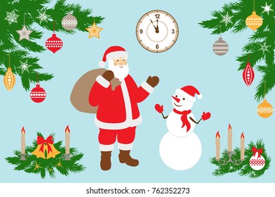 Christmas flat color icons collection. Set of New Year design elements including Santa Claus, Christmas tree branches, snowman, clock, Christmas bouquet with bells and candles, baubles and snowflakes.