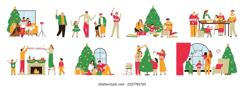 Christmas flat color set of family members cooking festive dishes decorated pine celebrating holiday together vector illustration