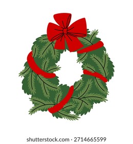 Navidades de corona de colores planos en forma de círculo con ramas de abeto pintadas envueltas con una cinta y un lazo. Un elemento de decoración acogedora para el hogar para invitaciones de vacaciones, tarjetas de felicitación e invierno 