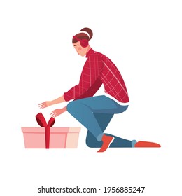 Christmas flat composition with human character of girl in headphones opening gift box vector illustration