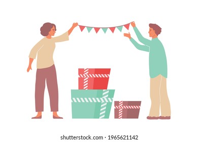 Christmas flat composition with human characters holding fairy lights with flags and gifts vector illustration