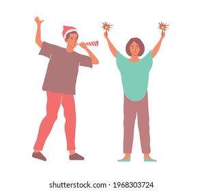 Christmas flat composition with human characters of friends with sparklers and bugle vector illustration