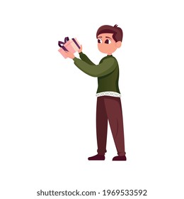 Christmas flat composition with isolated human character of little boy holding gift box on blank background vector illustration