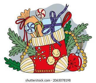 Christmas flat composition. Vector red sock with boxes of gifts, sweet candies, fir branches with decorative beads and toys. Hand drawn illustration.
